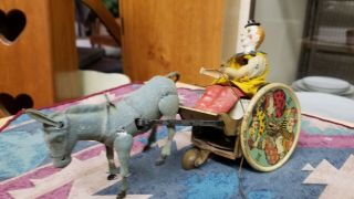 ANTIQUE WIND - UP LEHMANN BALKY MULE CLOWN CART TIN LITHO TOY - FROM GERMANY 2