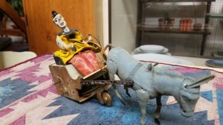 ANTIQUE WIND - UP LEHMANN BALKY MULE CLOWN CART TIN LITHO TOY - FROM GERMANY 3