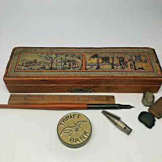 Antique Pencil Box W/ Supplies,  Eagle Pencil Sharpener 1863,  Coin Bank,