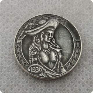 Hobo Nickel Coins,  1936 - D Cowboy Girl Coins Carved Coin,
