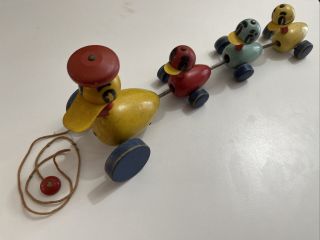 Vintage Fisher Price Pull Toy Wood Wooden Duck Mother & Ducklings Ducky