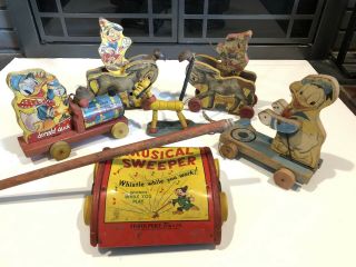 Six Vintage Fisher Price Pull Toys Walt Disney Wdp Pinocchio Donald Duck Pluto