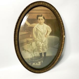 Antique Vintage Wood Oval Frame Convex Bubble Glass Picture Portrait Young Boy