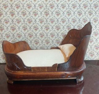 Vintage Dollhouse Sleigh Bed 1:12 Mahogany Peach Mattress Ticking And Pillow