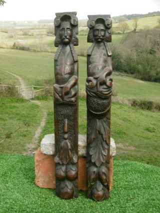 Antique Pair 19thc Oak Carved Male Caryatid Corbel Figures C.  1850