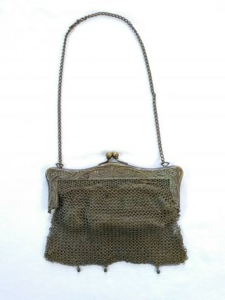 Antique German Silver Plated Leather Pouch Metal Mesh Chainmail Purse
