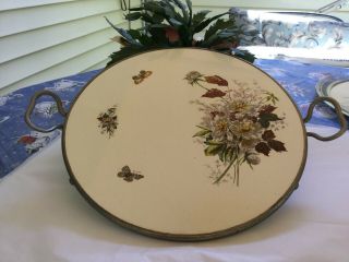 Antique Porcelain Handled Tray With Metal Frame Germany Floral & Butterflies