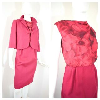 Vtg 50s 60s 2pc Sophisticate Set Silk Print Dress & Jacket Fuchsia Xs
