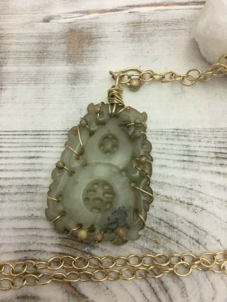 Antique Carved Jade And Gold Filled 1900 - 1920 Necklace And Pendant Jewelry