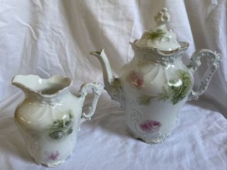Rare Eglantine Antique Porcelain Teapot & Creamer By Hermann Ohme,  Germany
