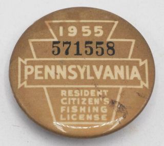 1955 Pa Pennsylvania Fishing License Resident Button Vintage