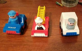 Fisher Price Little People Vintage Car Lot; Police Car,  Fire Truck & Mail Truck