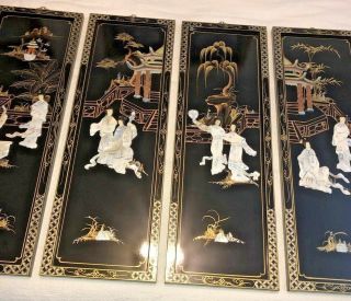 4 Vintage Antique Black Lacquer Mother Of Pearl Panels Asian Chinese Geisha Girl