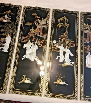 4 VINTAGE ANTIQUE BLACK LACQUER MOTHER OF PEARL PANELS ASIAN CHINESE GEISHA GIRL 3