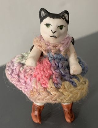 Bisque Hertwig Carl Horn Miniature Jtd 1.  75”kitten Cat Crocheted Dress Cute