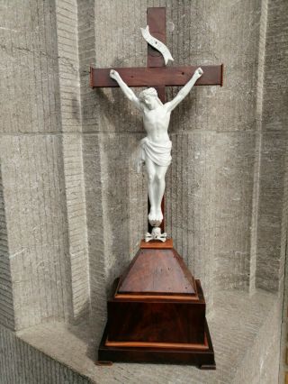 Antique Belgium Church Altar Standing Wood Cross Crucifix Porcelain Jesus Corpus