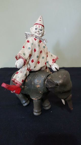 Antique Schoenhut Humpty Dumpty Circus Clown And Elephant.  Wooden Toys