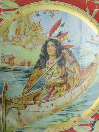 ANTIQUE VINTAGE 1910 - 1915 INDIAN MAIDEN IN CANOE TIN VIENNA ART PLATE 2