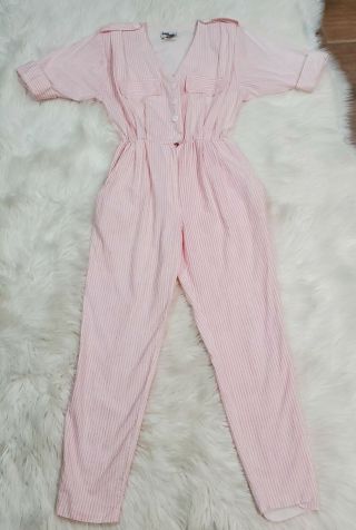 Vintage 80s Kings Row Pink And White Pinstripe Jumpsuit Pantsuit Size 3/4