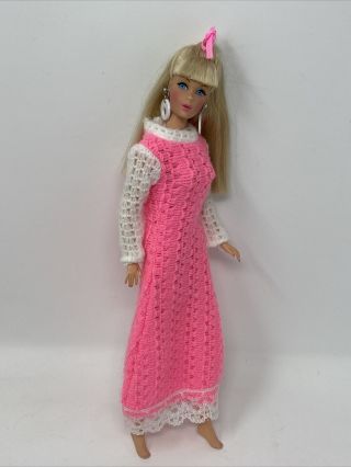 Vintage Clone Barbie Clothes Doll Outfit Mod Era Pink White Knit Dress