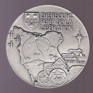 Wwii X Large Liberation Of Cherbourg Silvered Bronze Medal Plaque,  P.  Turin