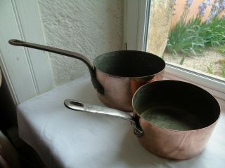 French Antique 2 Copper Pots Iron Handle Copper Rivets Marked,  Lined