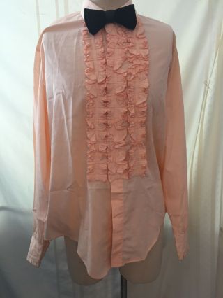 Vintage 70s Men’s Ruffled Tuxedo Tux Prom Disco Shirt Peach Orange Size M
