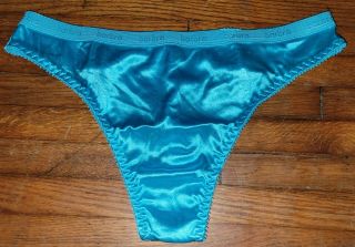 Vintage Signature Style Blue Liquid Satin Thong Panties L/7 (0383)
