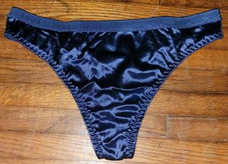 Vintage Signature Style Navy Blue Liquid Satin Thong Panties L/7 (0383)