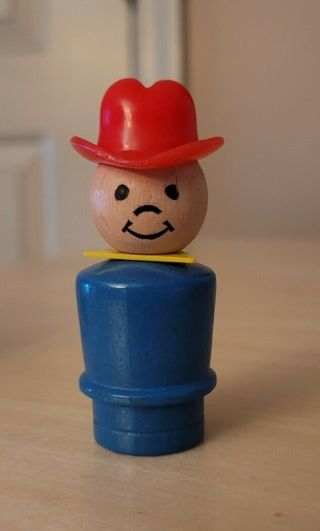 Whoops Vintage Fisher Price Little People All Wood Blue Cowboy Man W/boys Face