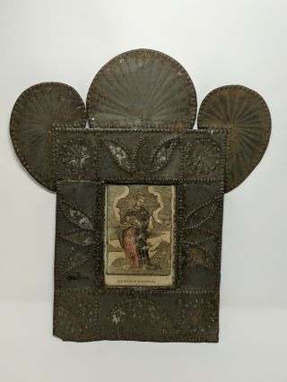 Antique 19c Punched Tin Religious Folk Art Icon St.  Nicolas Tolentino