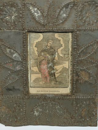 Antique 19c Punched Tin Religious Folk Art Icon St.  Nicolas Tolentino 2