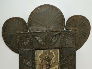 Antique 19c Punched Tin Religious Folk Art Icon St.  Nicolas Tolentino 3