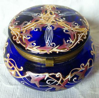 Antique Bohemian Cobalt Blue Glass Trinket Jewelry Box With Hand Painted Enamel