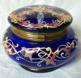 ANTIQUE BOHEMIAN COBALT BLUE GLASS TRINKET JEWELRY BOX WITH HAND PAINTED ENAMEL 2