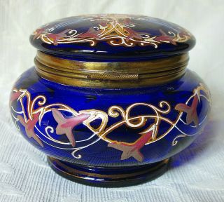 ANTIQUE BOHEMIAN COBALT BLUE GLASS TRINKET JEWELRY BOX WITH HAND PAINTED ENAMEL 3