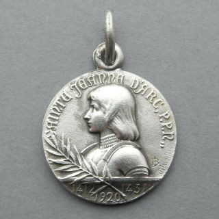 French,  Antique Religious Medal.  Saint Joan Of Arc,  1920.  Fleur De Lys.  Pendant.
