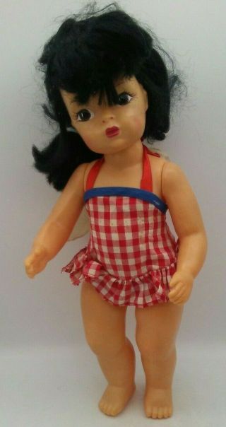 Vintage Terri Lee Doll 16 " Dark Black Hair And Brown Dot Eyes Wearing Swimsuit