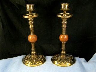 Matching Pair Gothic Revival Antique Victorian Brass Candlesticks Candle Stick