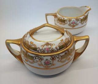 Antique Nippon Ornate Hand Painted Floral Gold Gilt Moriage Creamer Sugar Pearls