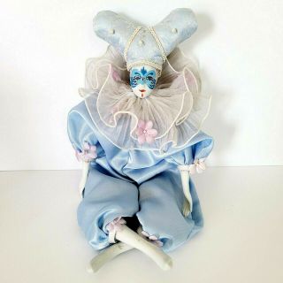 Vintage Harlequin Porcelain Sitting Jester Doll Pink Flowers Light Blue Good Con