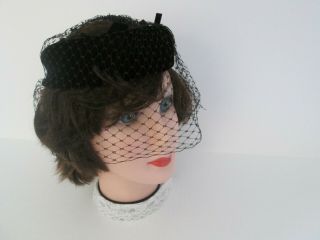 Vintage Black Velvet Veiled Hat Open Pill Box Style With Bows