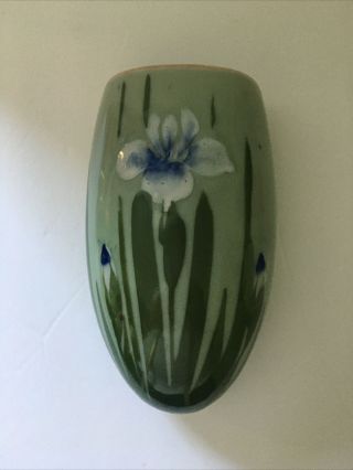 Antique Handpainted Iris Blue/green Pottery Wall Pocket Art - Deco Vase Japan