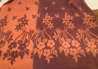 Vintage Camp Blanket Brown & Peach,  Satin Trim,  Flowers,  Reversible 64 X 68”