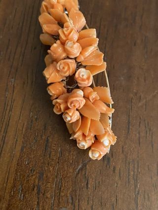 Antique Victorian Carved Salmon Coral 10k Gold Floral Brooch Pin