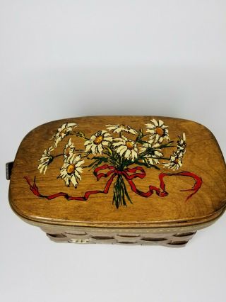 Vintage 1970 ' S Signed CARO NAN Wooden Woven Basket Purse Hand painted Daisy 2