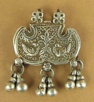 Old /antique Indian Tribal Silver Prayer Box Pendant With Dangles.  Fine Silver.