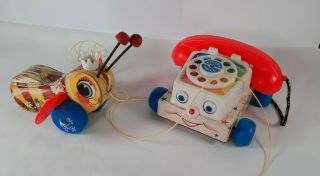 Vintage Fisher Price Wooden Pull Toy Chatter Telephone 747 & Queen Buzzy Bee 444