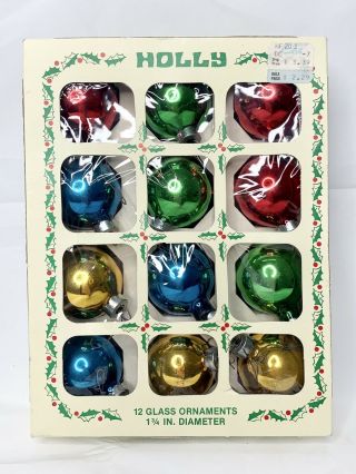 Box Of 12 Vintage Holly 1 3/4 " Mercury Glass Christmas Ornaments Usa