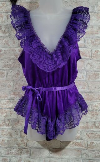 Vintage Alana Gale Intimates Purple Nylon Teddy Bodysuit Lingerie Size L 70s 80s